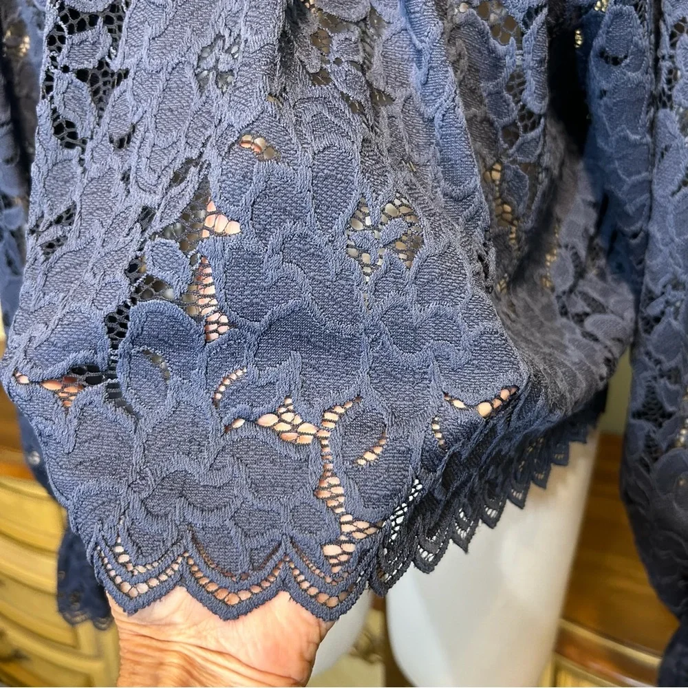Free People Navy Blue Floral Lace Elastic Sleeve Blouse